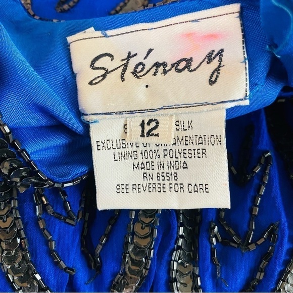 Stenay Vintage Royal Blue Silk with Black Sequins Beaded Formal Dress Size 12 - Picture 7 of 9